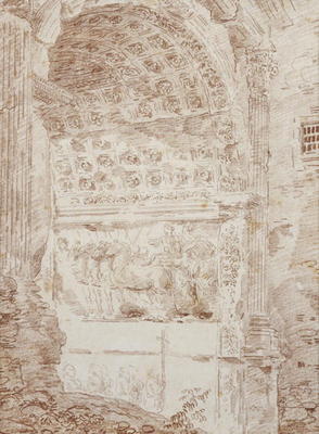 The Triumph of Rome, arc of Titus (red chalk on paper) 88;Le triomphe de Rome; char; arc; a Hubert Robert