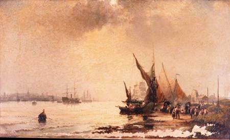 Fisherfolk on the Shore in a Calm Estuary Scene at Daybreak a Hubert Thornley