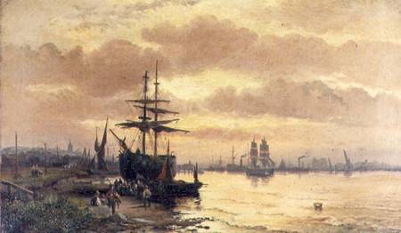 Fisherfolk on the Shore of an Estuary at Sunset a Hubert Thornley