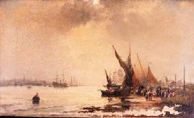 Fisherfolk on the Shore in a Calm Estuary Scene at Daybreak