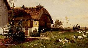 Farm with stork's nest. a Hugo Mühlig