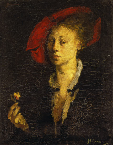 Lady with a red cap and pink a Hugo von Habermann