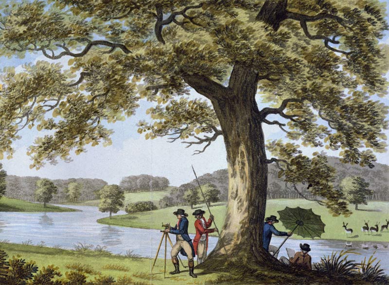 Humphrey Repton surveying with a Theodolite (colour litho) a Humphry Repton