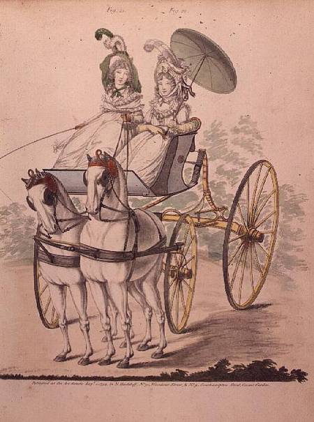 Two young ladies in calico gowns, taking an airing in a phaeton, from 'Gallery of Fashion' a Humphry Repton