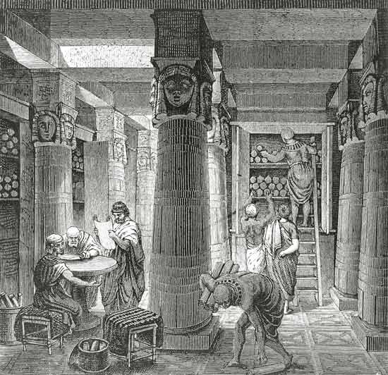 Imaginary recreation of the Ptolemy Library in Alexandria, Egypt, from 'Histoire Generale des Peuple a Hungarian School