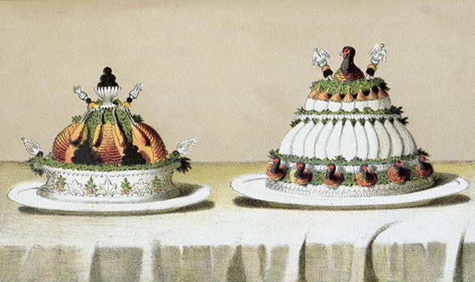 Design for the presentation of chicken stuffed with foie gras and pheasant breasts cooked in the Ber a Hungarian School (19th century)