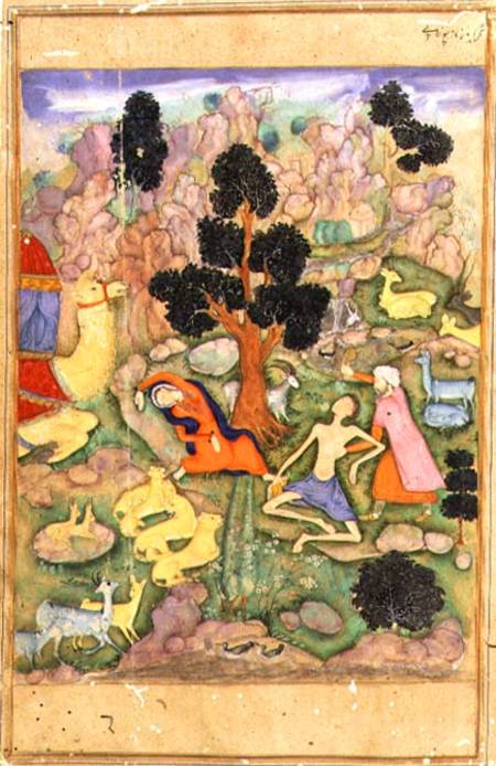f.28a Layla and Majnun faint at their meeting, illustration to a poem of the Khamsa called 'Majnun L a Husain  Naquash