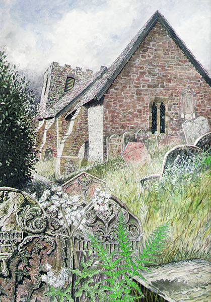 Cwmyoy Church, Gwent, 1994 (gouache on card)  a Huw S.  Parsons