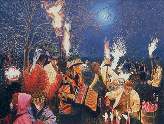 Wassailing in Herefordshire, 1995 (oil on board)  a Huw S.  Parsons