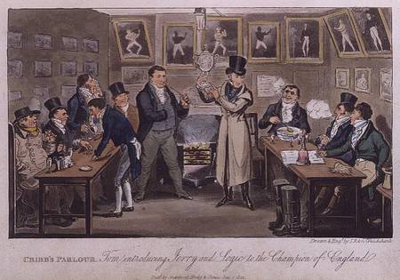 Cribb's Parlour: Tom introducing Jerry and Logic to the Champion of England, from 'Life in London' b a I. Robert & George Cruikshank