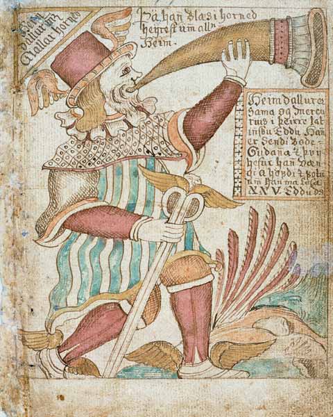 Heimdal Blowing his Horn before Ragnarok, from 'Melsted's Edda'  & a Scuola Islandese