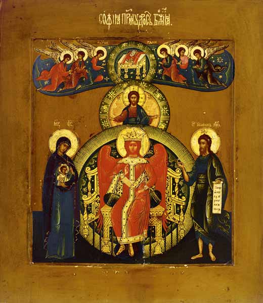 Die heilige Sophia, die göttliche Weisheit auf einem Thron mit ausgestreckten Flügeln, segnend und e a Icona (russa)