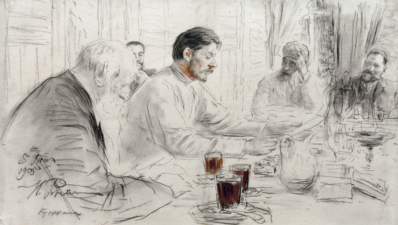The author Maxim Gorky reads his poem "Children of the sun" a Ilja Efimowitsch Repin
