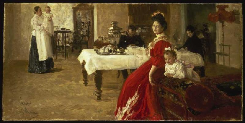Tatiana, the daughter of the artist with her family in an interior. a Ilja Efimowitsch Repin