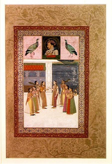 Ms E-14 Portrait of Djahangir (1569-1627) two birds and noble women in conversation a Scuola indiana