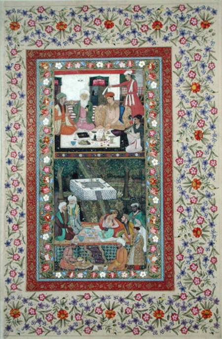 Ms E-14 Reading Verse and a Banquet in a Garden from a Moraqqa a Scuola indiana