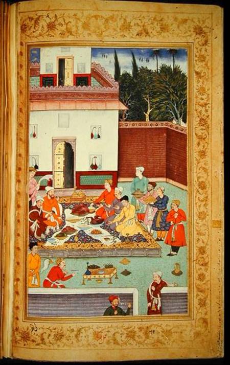OR 3714 f.260v Mughal Emperor Feasting in a Courtyard, from the Baburnama of Dhanraj a Scuola indiana