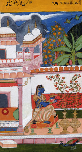 A lady picking flowers from a pot, Bundi, Rajasthan, Rajput School, c.1680, a Scuola indiana