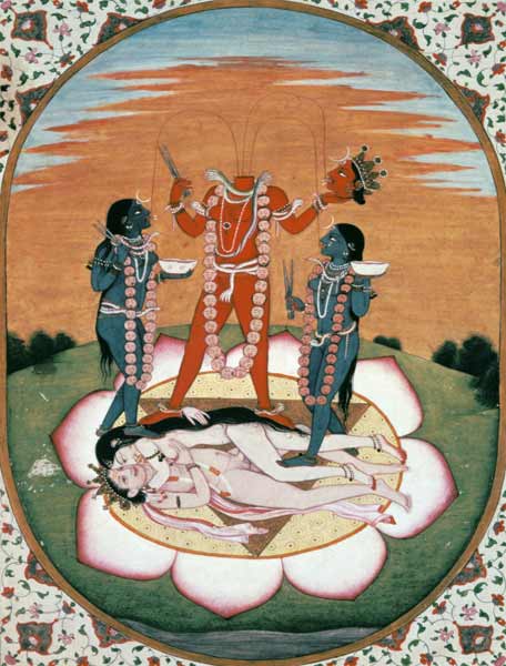 Icon of Chinnamasta, the Mahavidya arising from the joined bodies of the Originating Couple, Kangra, a Scuola indiana