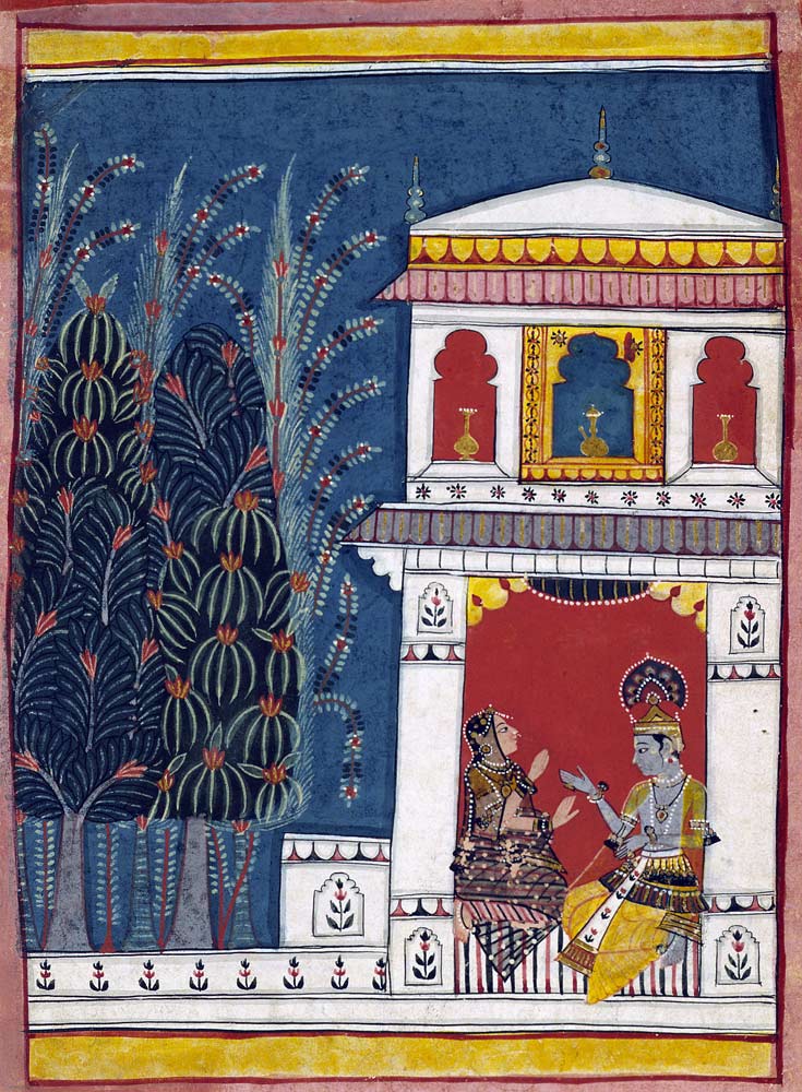 Krishna and a lady in a pavilion a Scuola indiana