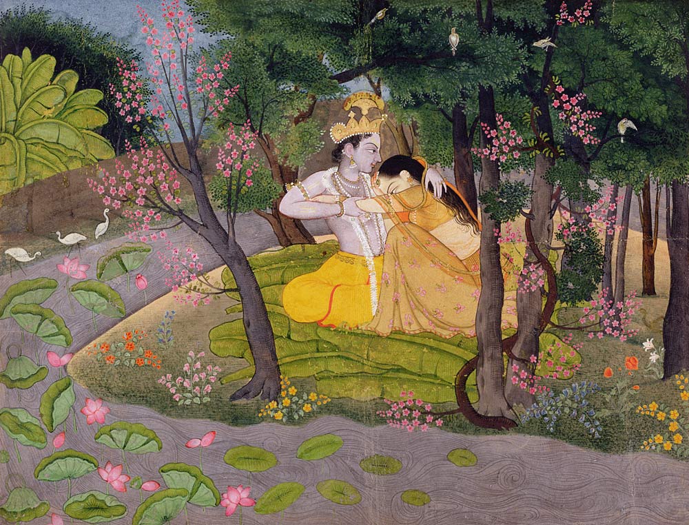 Radha and Krishna embrace in a grove of flowering trees a Scuola indiana
