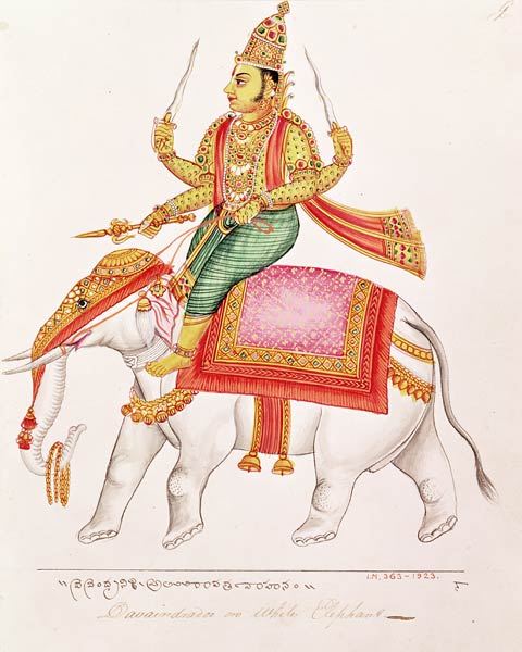 Indra, God of Storms, riding on an elephant, 1820-25 a Scuola indiana