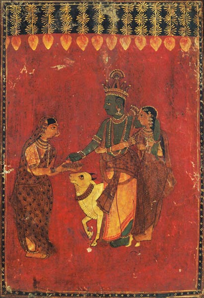 Krishna and Radha with a Cow and a Gopi a Scuola indiana