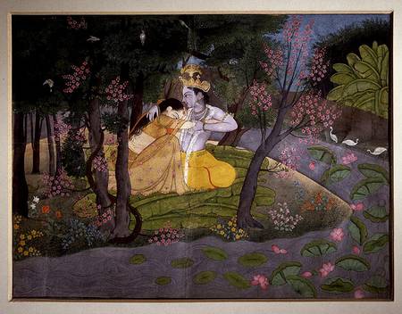 Krishna and Radha embracing in a grove, Kangra, Himachal Pradesh, Pahari School a Scuola indiana
