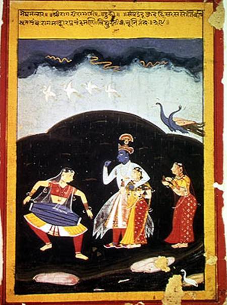 Krishna and Radha in the rain with two musicians, Rajasthan a Scuola indiana