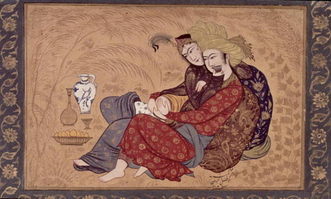 Lovers embracing and drinking wine, from the large Clive Album, Mughal a Scuola indiana