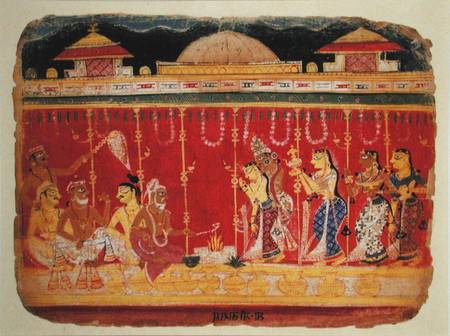The Marriage of Krishna's Parents, from a dispersed manuscript of the 'Bhagavata Purana' from Mewar, a Scuola indiana