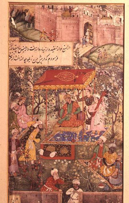 The Mogul Emperor Basar receives the envoys Uzbeg and Rauput in the garden at Agra on 18th December a Scuola indiana