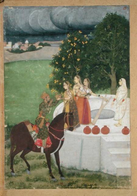 A mounted Prince receiving water from ladies at a well, miniature from Murshidabad a Scuola indiana