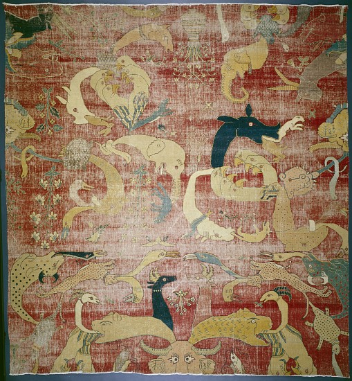Portion of a carpet with fantastic animals on red ground, Mughal a Scuola indiana