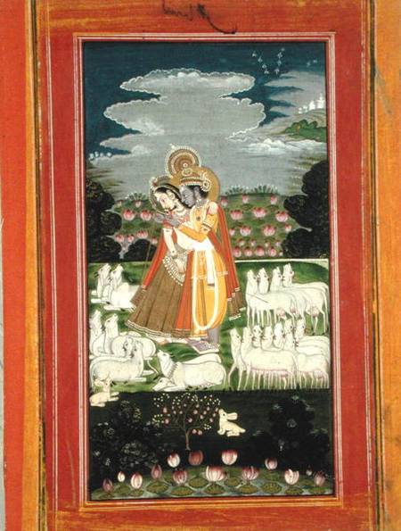 Radha and Krishna embrace in an idealised landscape with cows a Scuola indiana