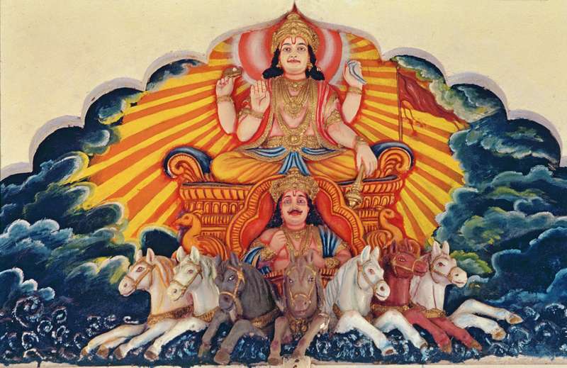 Surya Narayan, the Sun God (painted relief)  a Scuola indiana