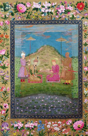 Ms E-14 Humayun (1508-56) and Akbar (1542-1605) with a vizier, from a Moraqqa