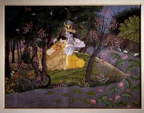 Krishna and Radha embracing in a grove, Kangra, Himachal Pradesh, Pahari School