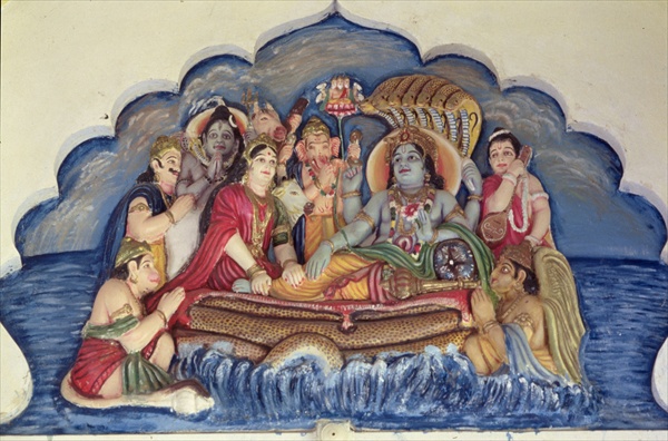 Vishnu Narayana, floating on Sheshanaga (painted relief)  a Scuola indiana