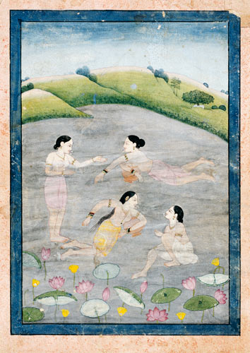 The Wives Of Raga Hindola Swimming In A Lake With The Aid Of Pitchers, The Foreground With Waterlili a Scuola indiana