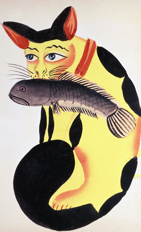 A cat with a fish in its mouth, from the Rudyard Kipling collection, Calcutta, c.1890 (w/c on paper) a Indian School, (19th century)