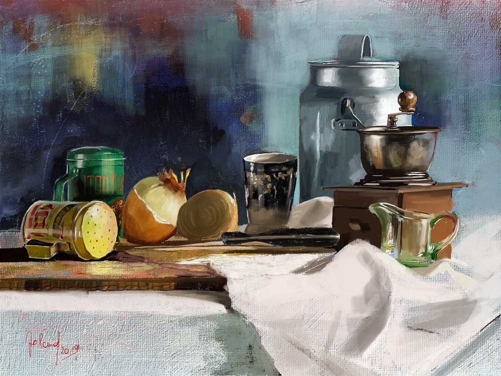 Still life with a milk can and a coffee grinder a Georg Ireland