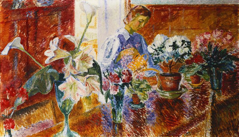 Interieur mit Blumen gießender Frau a Isaac Grunewald