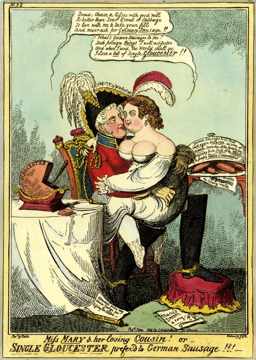Miss Mary and her Loving Cousin or Single Gloucester Prefer'd to German Sausage! a Isaac Robert Cruikshank