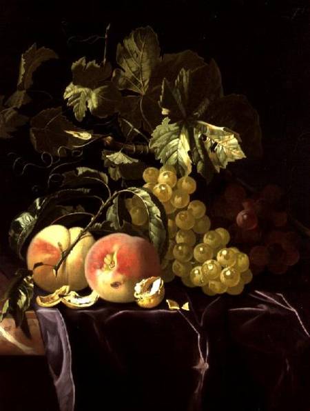 Still Life of fruit, nuts and leaves on velvet cloth a Isaak Denies
