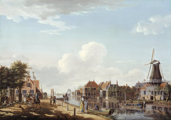 Dutch Canal Scene with Elegant Figures and a Mill a Isaak Ouwater