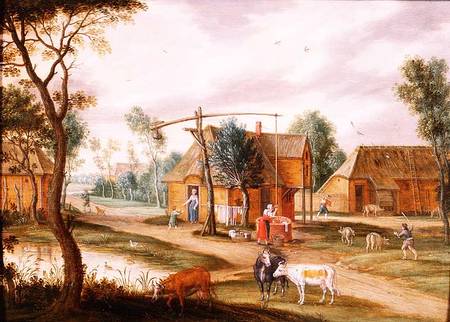A village landscape with a woman drawing water from a well (panel) a Isaak van Oosten