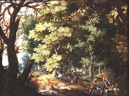 A Wooded Landscape with Hunters and Hounds (oil on copper) a Isaak van Oosten