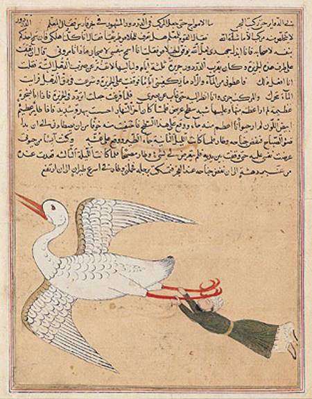 Ms E-7 fol.72a Merchant from Isfahan Flying, from 'The Wonders of the Creation and the Curiosities o a Scuola Islamica