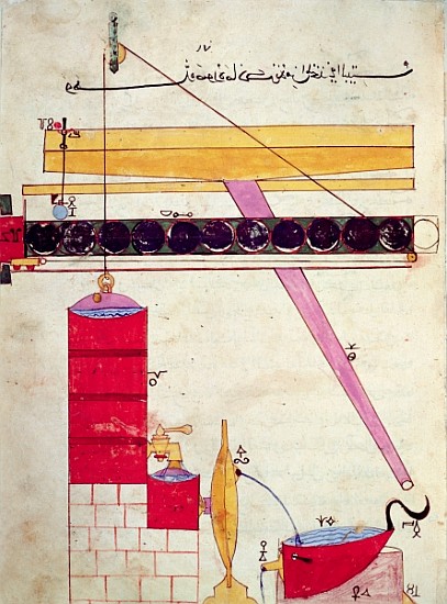 Device for supplying water to a fountain, from ''Book of Knowledge of Ingenious Mechanical Devices'' a Scuola Islamica